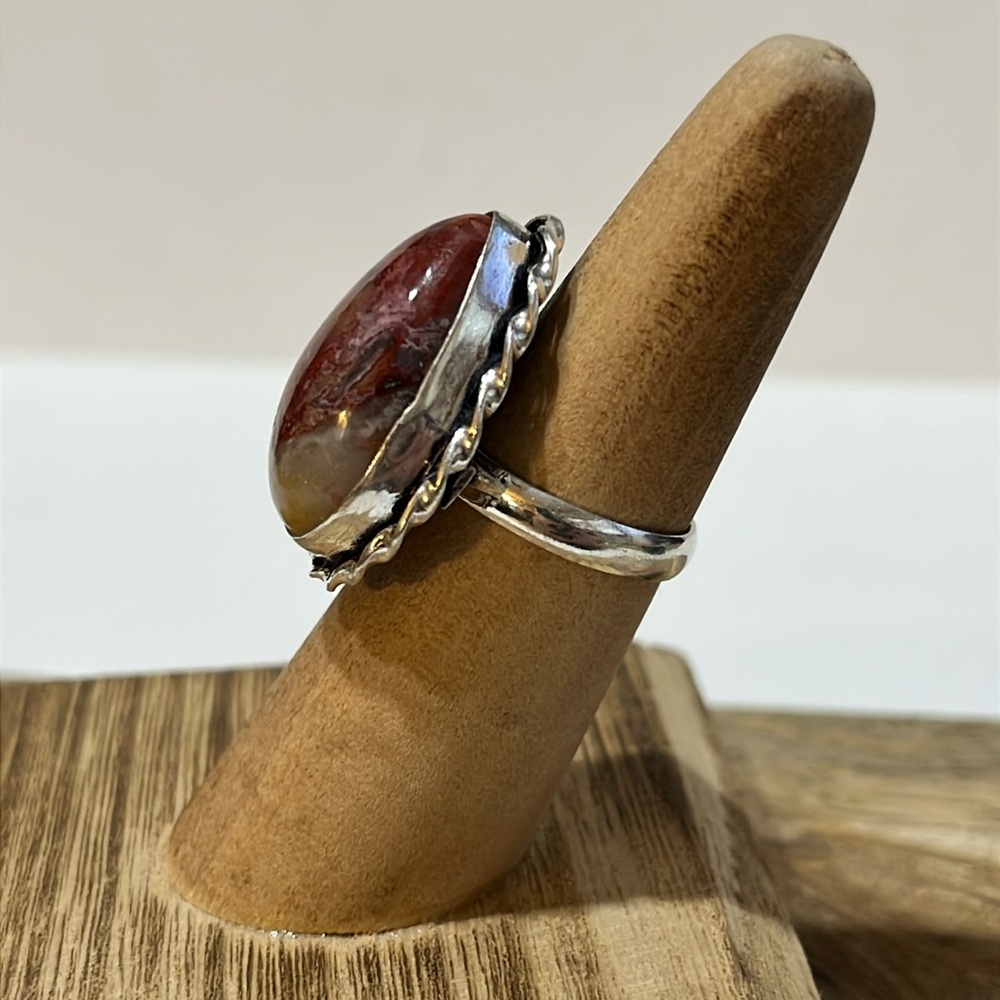 BRECCIATED JASPER GEMSTONE RING SIZE 6.25 STAMPED 925 SILVER PLATED - Picture 2 of 8